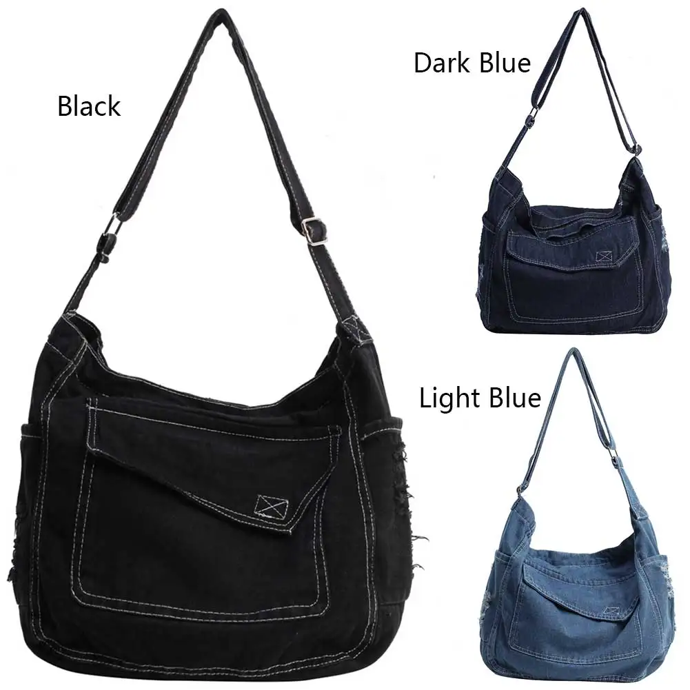 Denim Tote Bag Large Capacity Canvas Trendy Crossbody Bag with Zipper Adjustable Strap Casual Shoulder Purse for Women and Girls