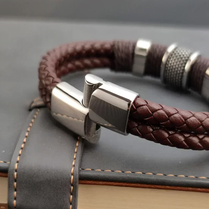 Luxury Vintage Multilayer Brown PU Leather Men Bracelet Bracelets Stainless Steel Jewelry Male Wrist Bangle Gift