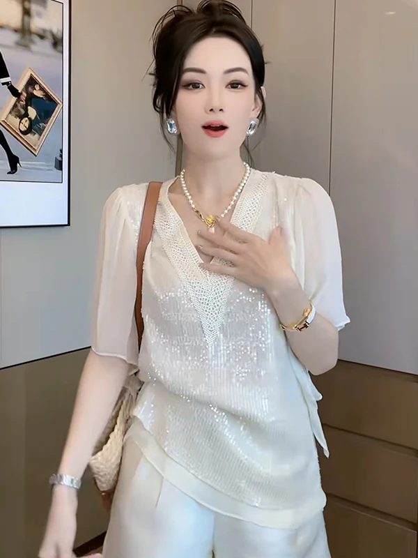 

Ele White V-ne ort Sve T-irt Women's Luxury Lightweight lectual Heavy Industry 2025 Gentle Elite Sle