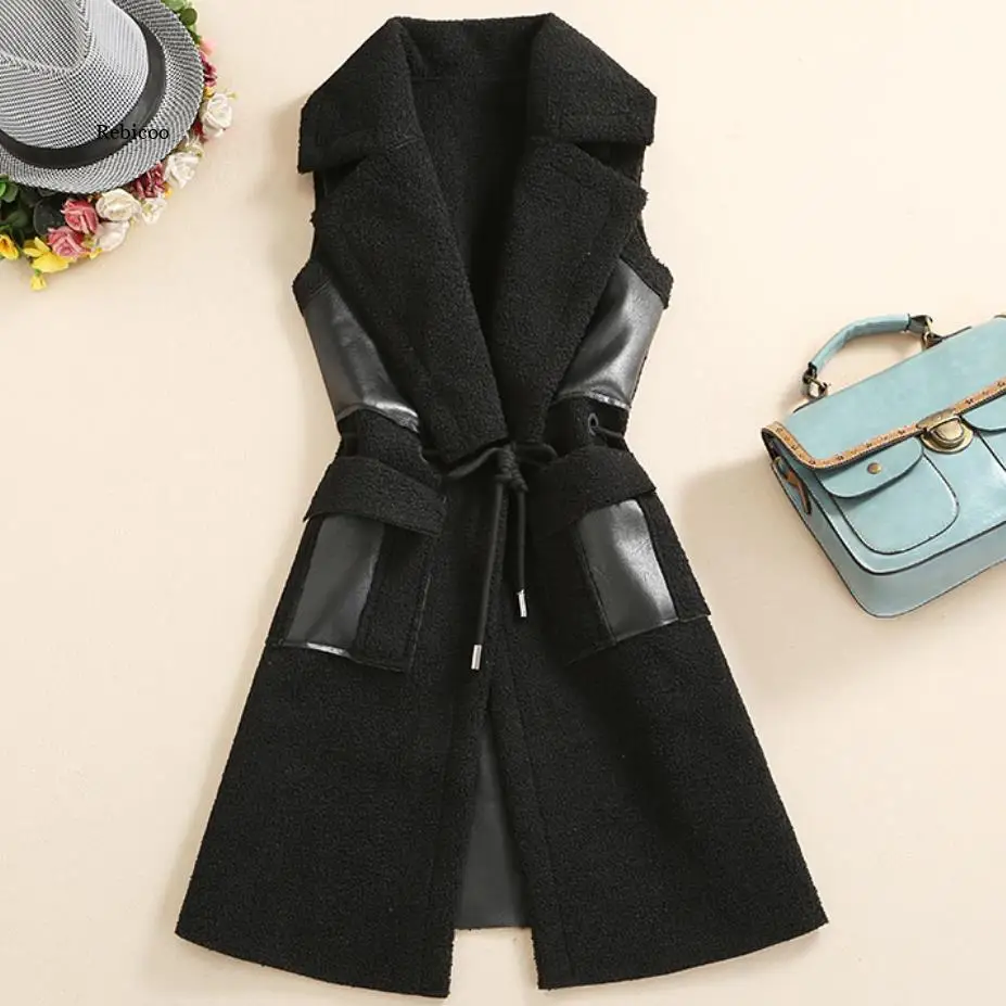 

Winter Black Leather Vest Faux Fur Jacket Sleeveless women Warmer Long Style Waistcoat with Fur Pockets