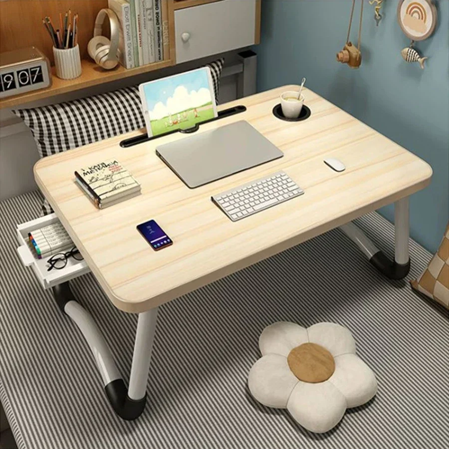 Folding Bed Desk Laptop Table Dormitory Portable Small Desks Cup Holder Slot Mobile Breakfast Table Bedroom Computer Tray Shelf