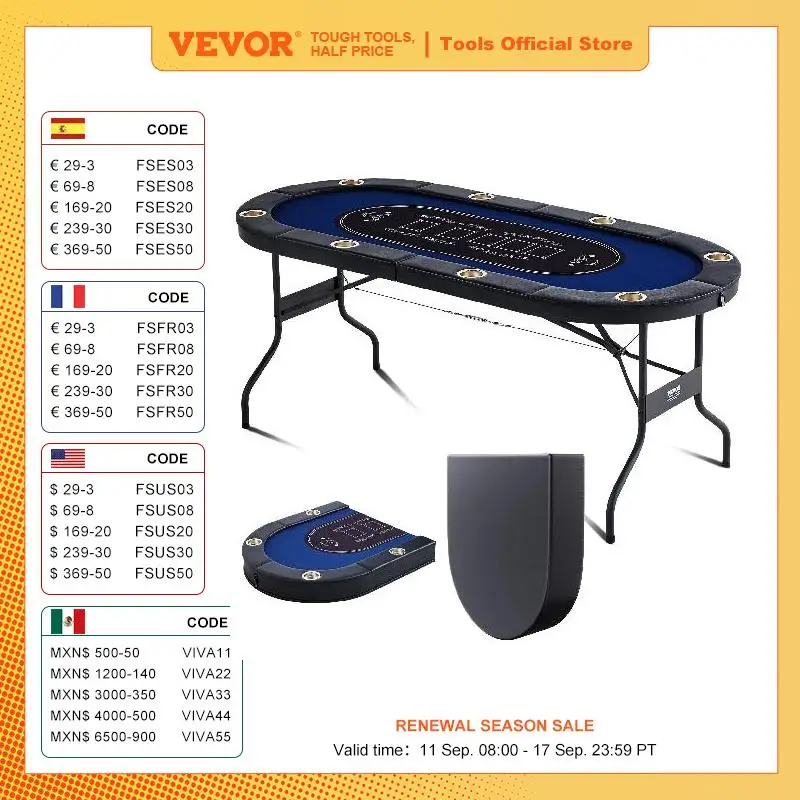 

VEVOR 8 Player Foldable Poker Table Blackjack Texas Holdem with Padded Rails and Stainless Steel Cup Holders Blue