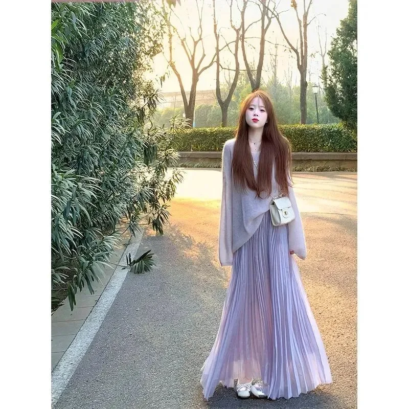 

Purple Two Piece Set Women 2025 Knitted Sweater Pullover A Line High-waisted Pleated Skirt Chic Outfits
