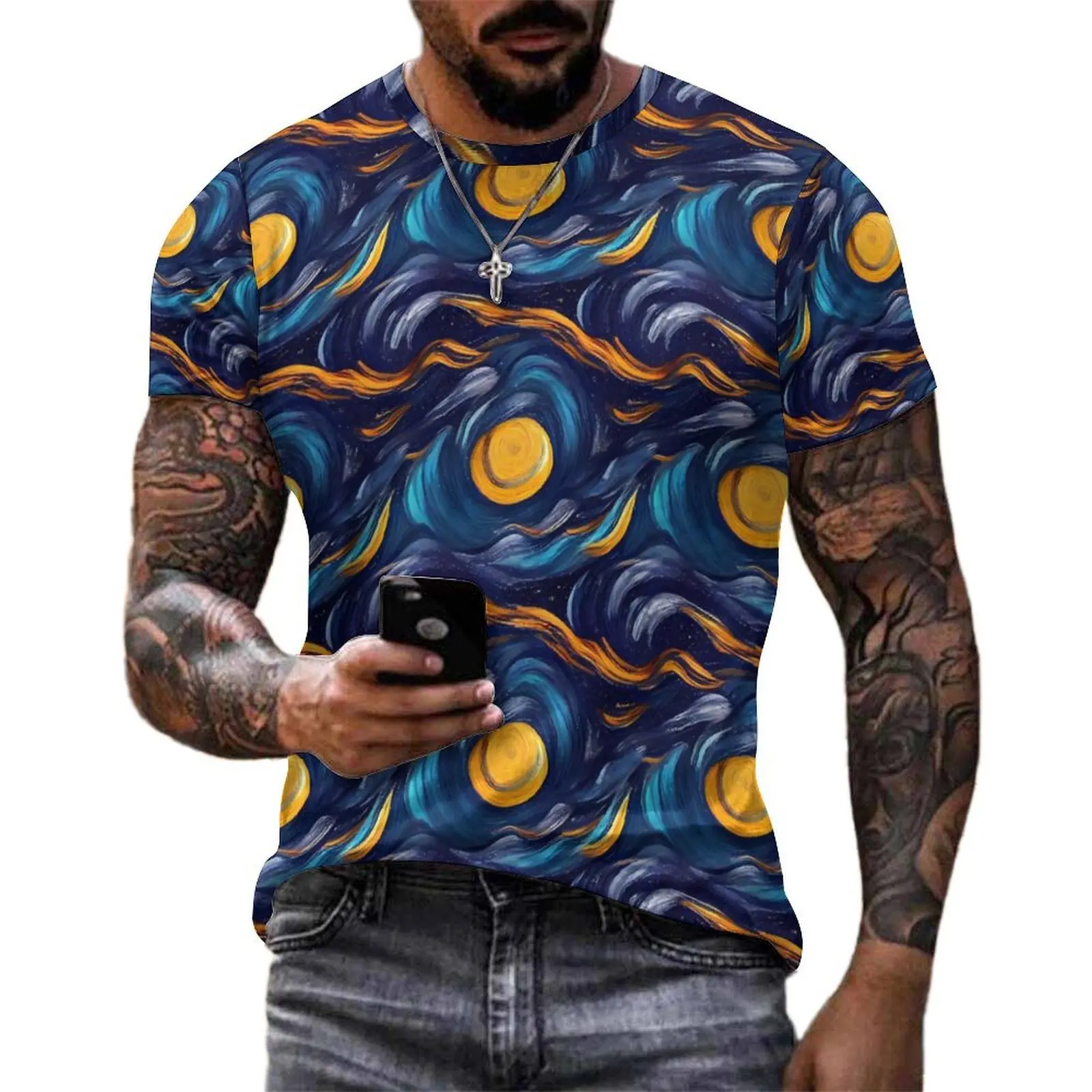Watercolor Starry Night T-Shirt Abstract Art Casual T-Shirts O Neck Harajuku Tee Shirt Beach Men Design Top Tees Plus Size 6XL