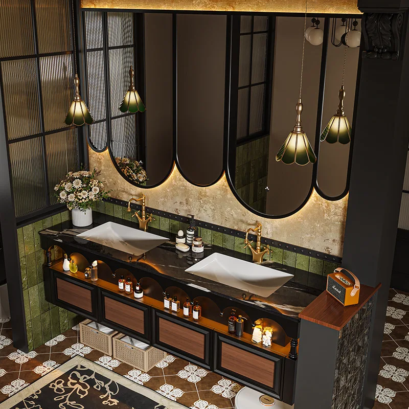 High-end French medieval rock slab bathroom cabinet combination bathroom double basin hand wash face