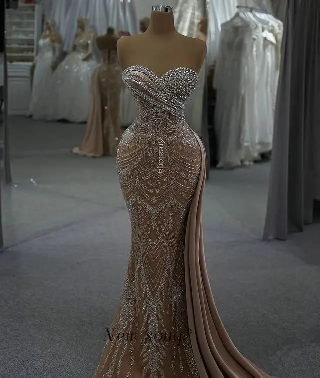 

Dark Champagne Sweetheart Neck Mermaid Evening Dresses Customized Long Party Dress Crystals Formal Women's Wedding Dinner Gowns
