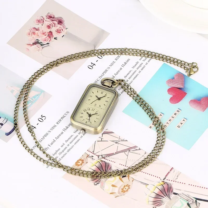 Bronze Rectangle Shape Dual Time Zone Pocket Watch Arabic Roman Number Display Quartz Movement Men Women Sweater Necklace Chain