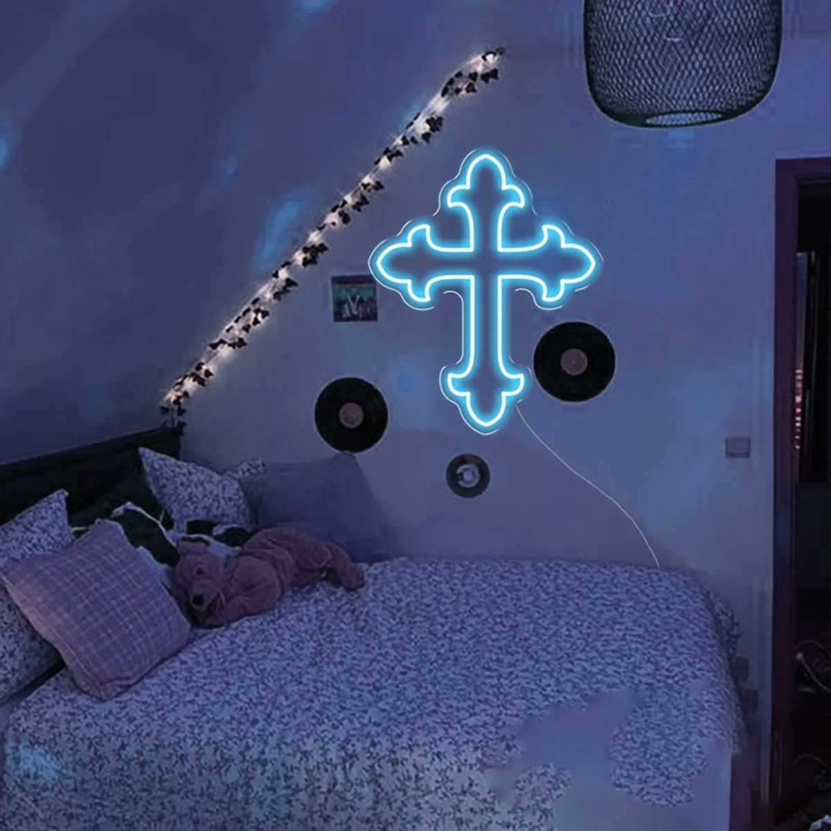 USB-Powered LED Neon Cross Sign - 12 Color Options, Easy to Hang, Decorative Lace Design for Home, Office, and Party Decor