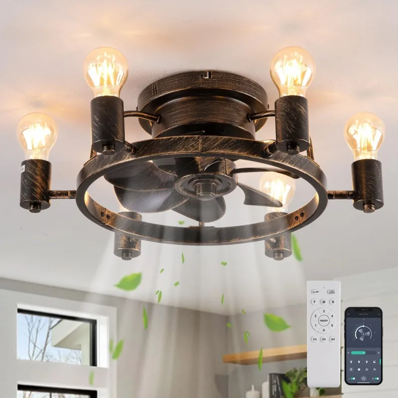 Industrial Flush Mount Ceiling Fan Light with 6 E27 Sockets, Vintage Rustic Bronze Ceiling Fan Lamp for Living Room Bedroom