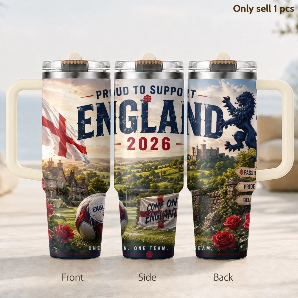 

2026 England Football Tour Vacuum Flasks 40oz 3rd Gen Vacuum Insulated Stainless Steel Tumbler Cup with Handle Straw Lid Gifts