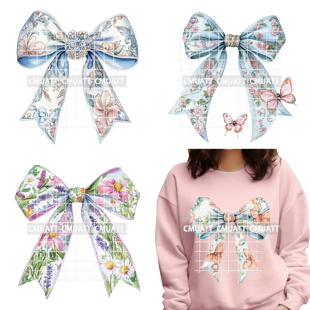 

Красочная цветочная кокетка с бантом, шелковый шинуазри Toile De Jouy, утюг с принтом DTF, переносные наклейки, готовые к пресу для одежды