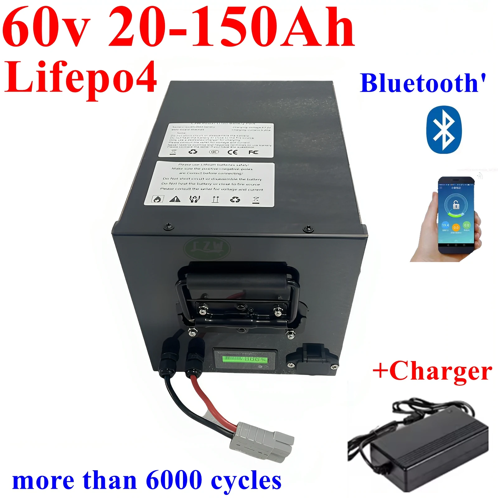

100Ah 60V 60Ah 80Ah 30Ah 60V 40Ah 150Ah 120Ah lifepo4 Lithium battery with Bluetooth APP BMS for Scooter boat + charger
