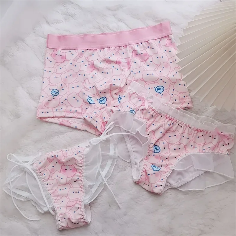 2PCS Couple Underwear Women Lingerie Men\'s Boxers Panties Kawaii Pigs Bear Panties Women Boy Girls Lovers Underpants Lingeries