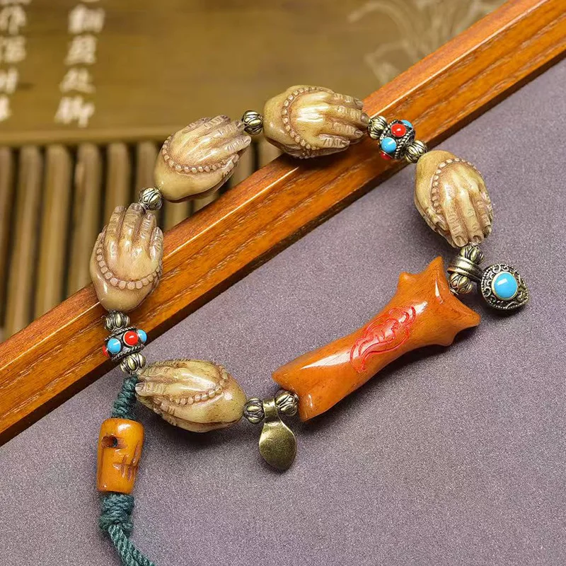 

Tibetan-Style Reclaimed Bone Carved Buddha'sHand Bracelet Single-CircleYakBone with Copper Clasp Cultured Buddhist Bead Bracelet