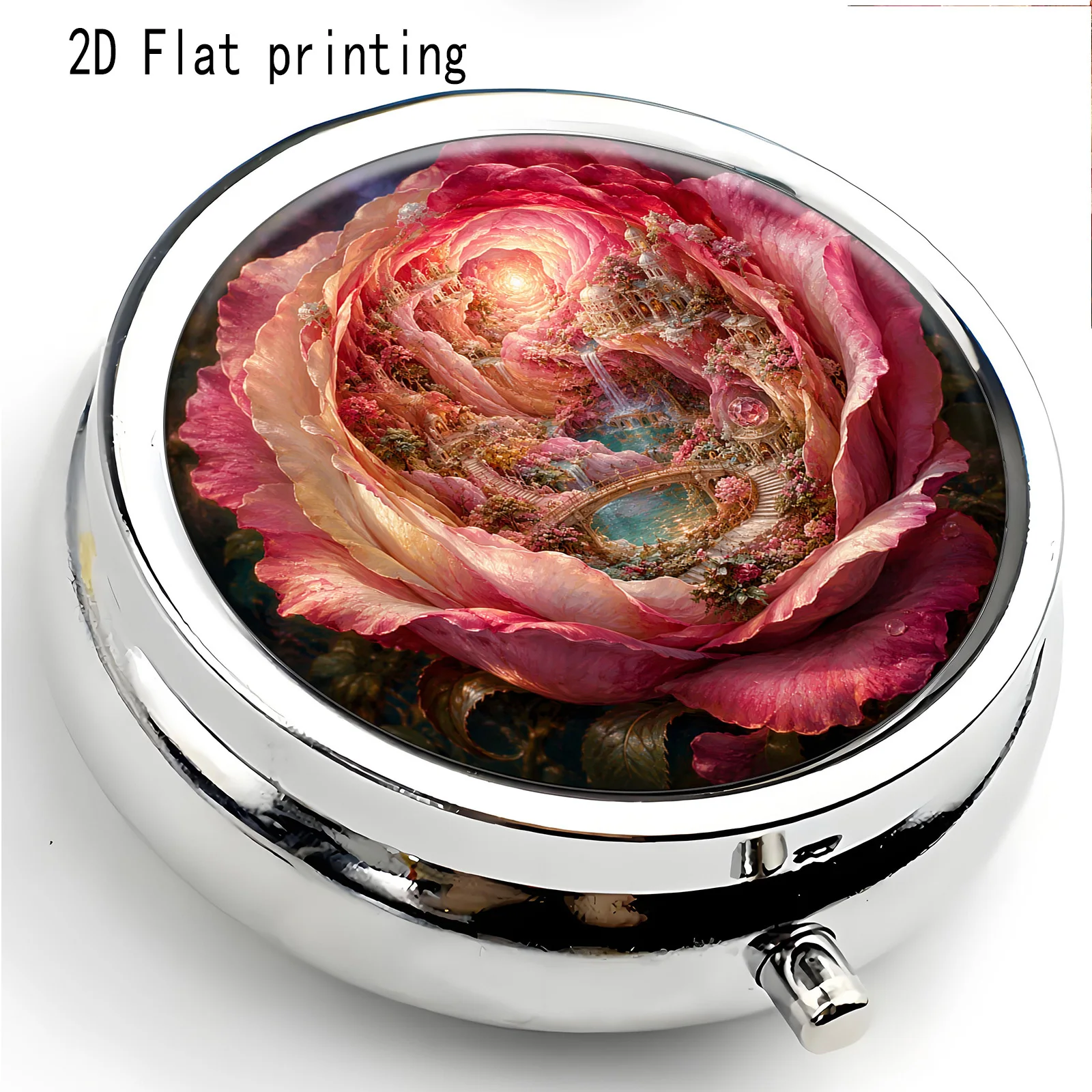 A flat, dark red, rose-patterned round three-compartment small box, portable medicine storage, small jewelry organizer. Suitable for placing in a handbag or while traveling. It is an excellent holiday gift, souvenir, prize, or small present