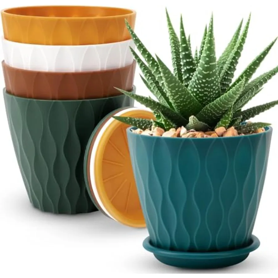 

6 inch Plant Pots 5 Pack Flower Pots for Outdoor and Indoor Use with Drainage Holes and Tray Saucers Multicolor Design for Gard