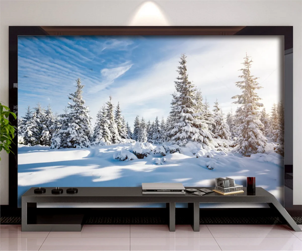 

Custom HD Snow Mountain scenery Photo wallpaper Beautiful winter pine panoramic living room bedroom background wall wallpaper