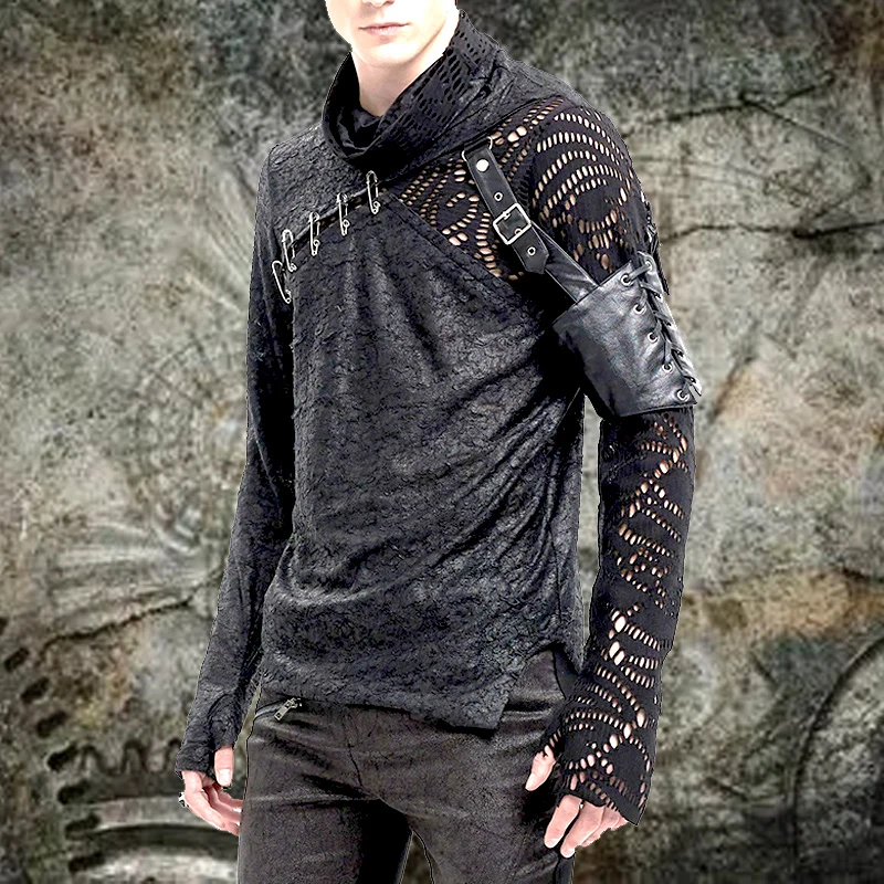 Gothic Rock Men's steampunk style long sleeved Men's clothing top Hollow Rivet Men's T-shirt