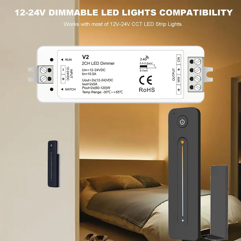 

12V 24V CCT LED Strip Dimming Kit R12 Touch Slide 2.4G RF Remote Controller Dimmable fr 5050 2835 COB Dual Color Led Strip Light