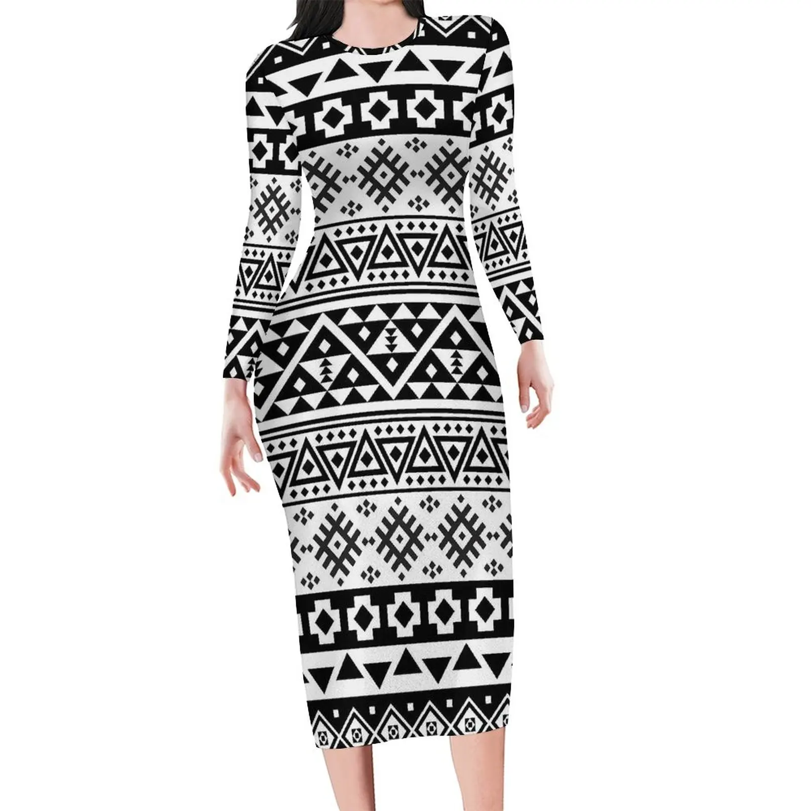 

Tribal Print Dress Womens Black White Geometric Street Wear Bodycon Dress Summer Long Sleeve Trendy Dresses Oversized Vestidos