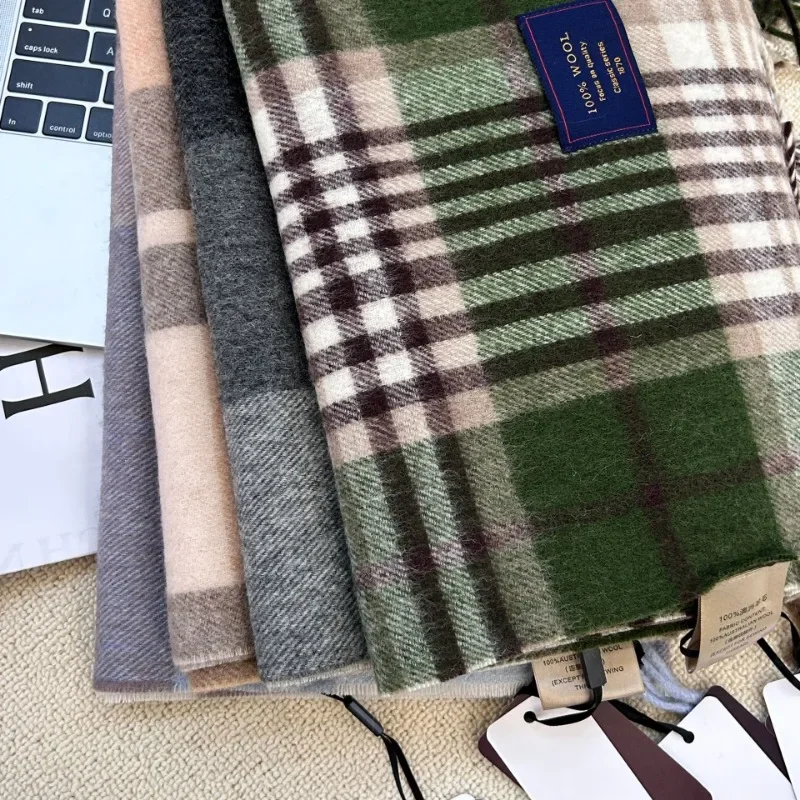 Men Scarf 100% Wool Plaid Warm Soft Muffler Female Winter Autumn Couple Cashmere Windproof Stripe Tassel Shawl Male Thick Scarf