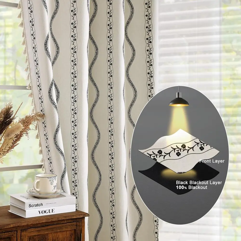ستائر حرارية معتمة على شكل زهور 96، طراز المزرعة البوهيمية، نمط أبيض وأسود، لغرف النوم وغرف المعيشة