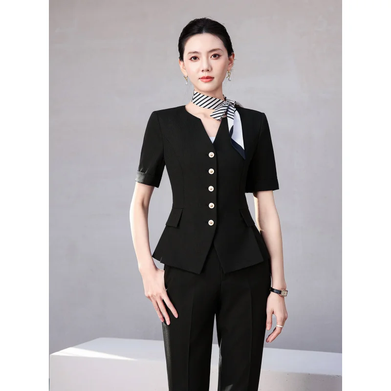 Women's short-sleeved suit set for summer, lightweight professional attire, elegant workwear, formal wear with a high-end feel,