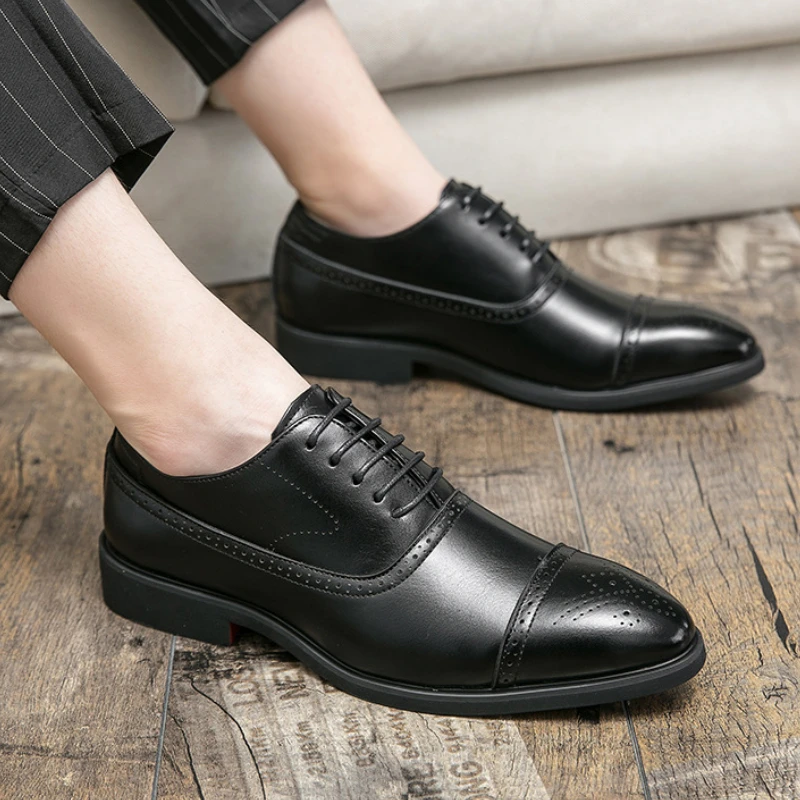 Men's Dress Shoes Red Sole Leather Shoes Pointed Party Shoe Lace-up Office Oxfords Casual Wedding Shoe Retro Business Men Shoes - Image 5