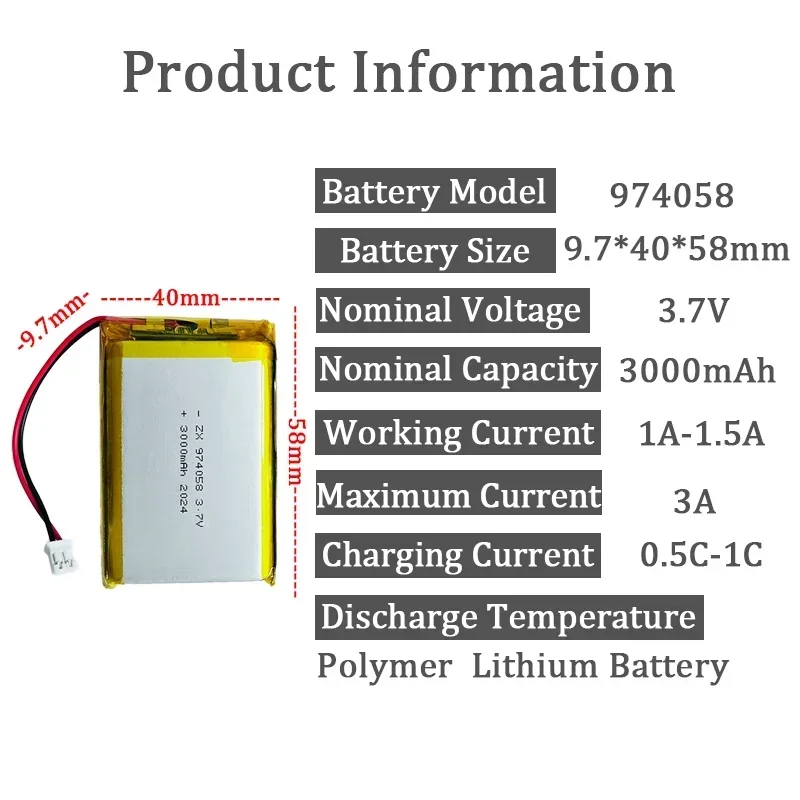 974058-104060-3000mAh Beauty Instrument Hydration Instrument Sprayer 3.7V Polymer Lithium Battery Charging Ht