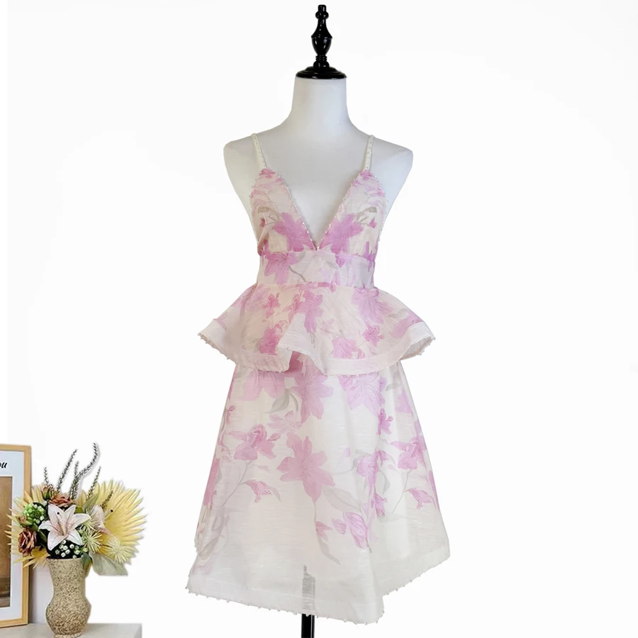 Novo Vestido Midi de Verão com Estampa em Camadas, Cintura Alta com Alça, em Fibra de Poliéster Antienvelhecimento, Modelo V-Ne A-Line