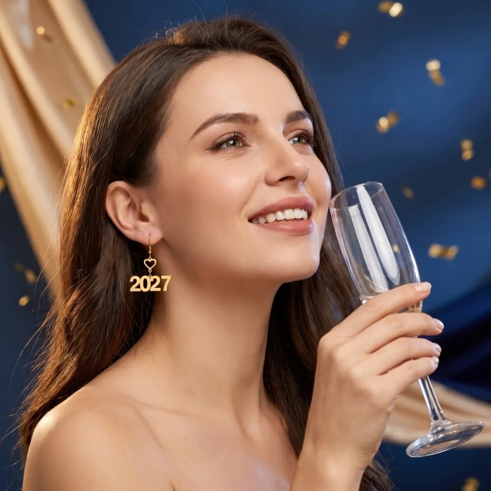 Elegant 2027 Digital Earrings Long Drop Hollowed-out Fashion Happy New Year Earrings Metal Alloy Love Heart Design Stud Earrings