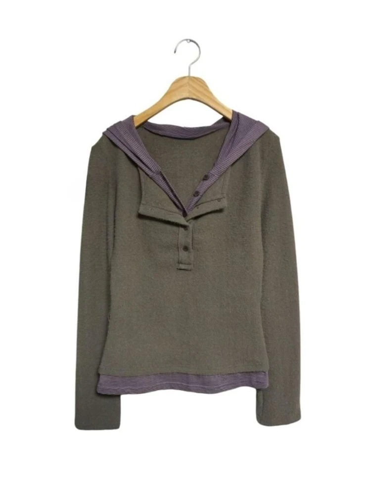 

Korean Simple Fake Two Piece Hoodie Tops 20235 Early Autumn New T-shirt for Women Y2k Slim Fit Long Sleeve Tee Shirt