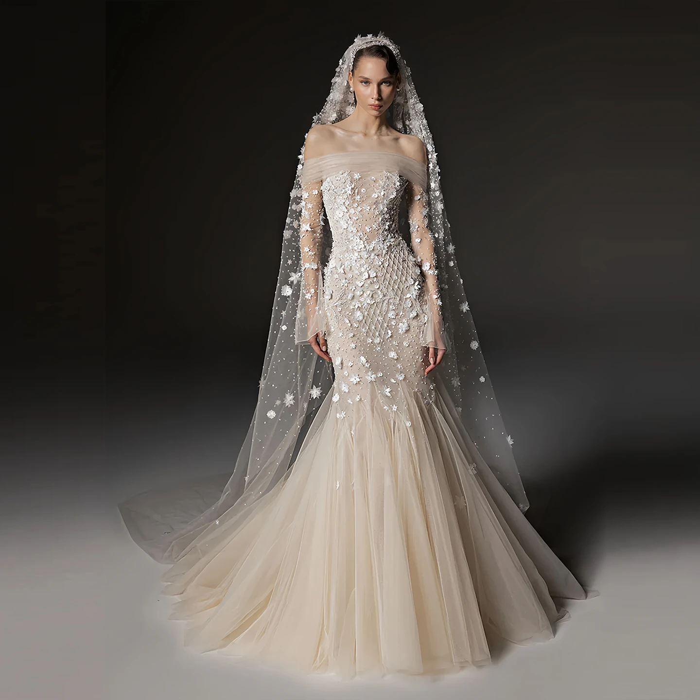 Sheer Fairy Women' s Elegant Tulle Wedding Dress Mermaid 3D Floral Lace Bridal Gown with Chapel Train Plus Size SW670 Customized