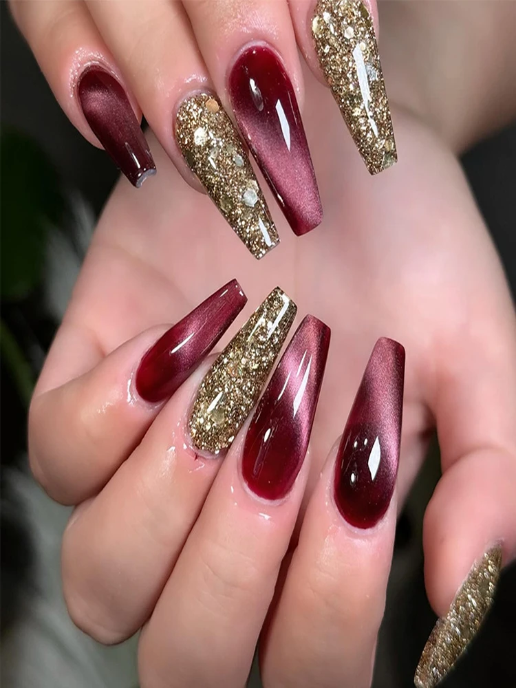 24 pièces/30 pièces/ensemble faux ongles pour femmes yeux de chat pointes d'ongles français violet rouge vert marron couleur faux ongles presse sur faux ongles art