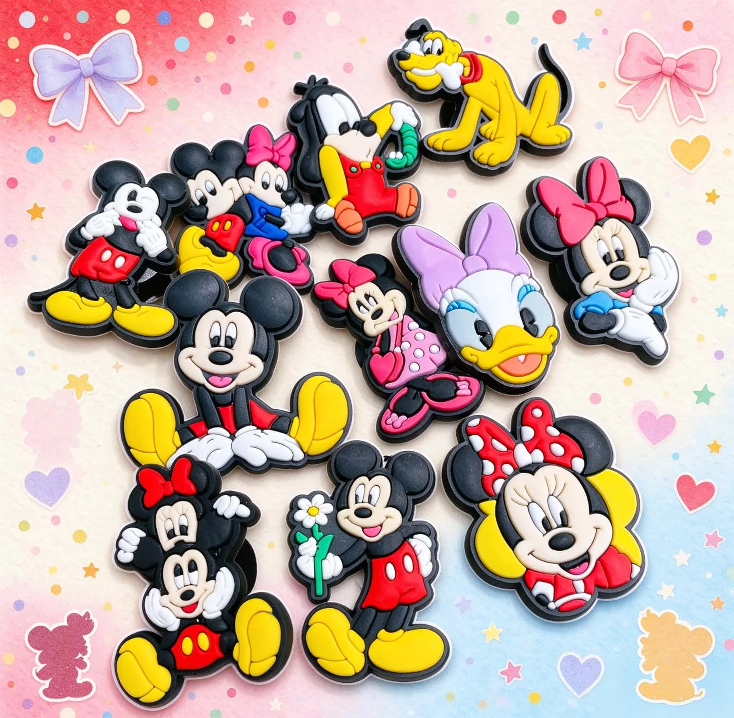 11/50/100pcs Mesuca Cartoon Bow Tie Pluto Daisy Duck PVC Shoe Charms Accessories DIY Kids Adult Wristband Hole Shoes Pins