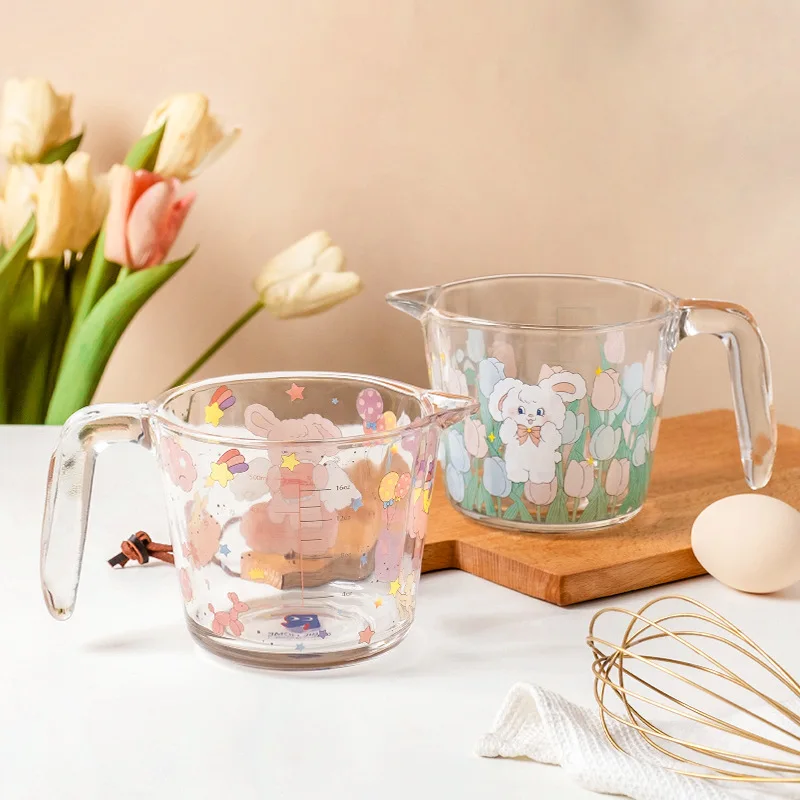 Rabbit Cute Glass Measuring Cup with Handle Glass Milk Juice Cup Scale Jars Household Kitchen Gadgets Baking Cooking Tool