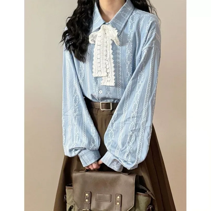 

Women Clothing Spring Autumn Fashion All-match Preppy Style Appear Thin Button Contrasting Colors Polo Collar Women Shirts Tops
