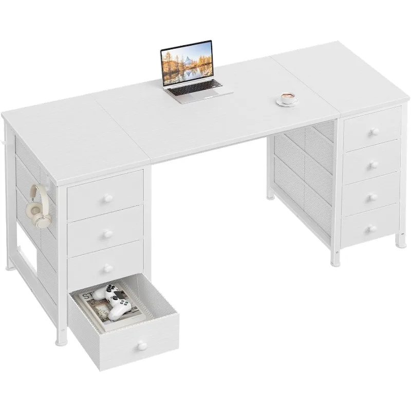

White Computer Desk with Drawers on Both Sides for Home Office, 55 inch Girls Teens Desks with Storage Writing Study Table for B