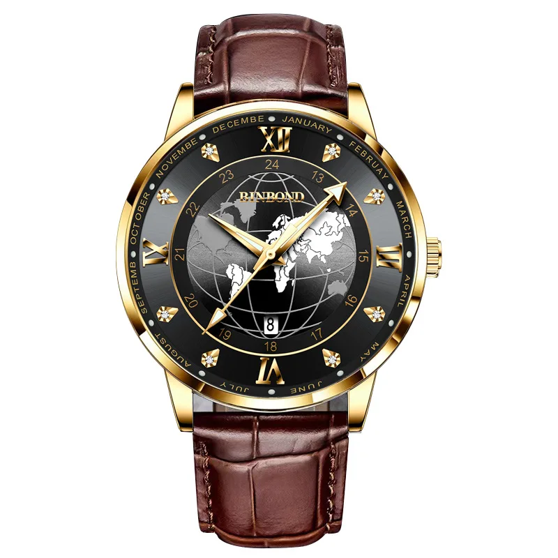 BINBOND Men Ultra-thin Quartz Watch Earth Dial Leather Strap 30M Waterproof Calendar Business Casual Wristwatch Reloj Hombre