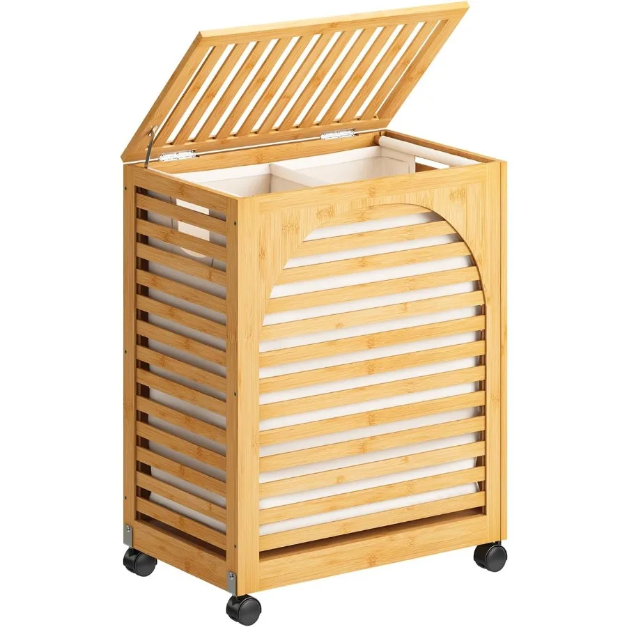 

Large Laundry Hamper with Wheels and Lid for Home Use 27.3 Gallon 103.4L Bamboo Wood Design with Two Separate Sections EasyGrip
