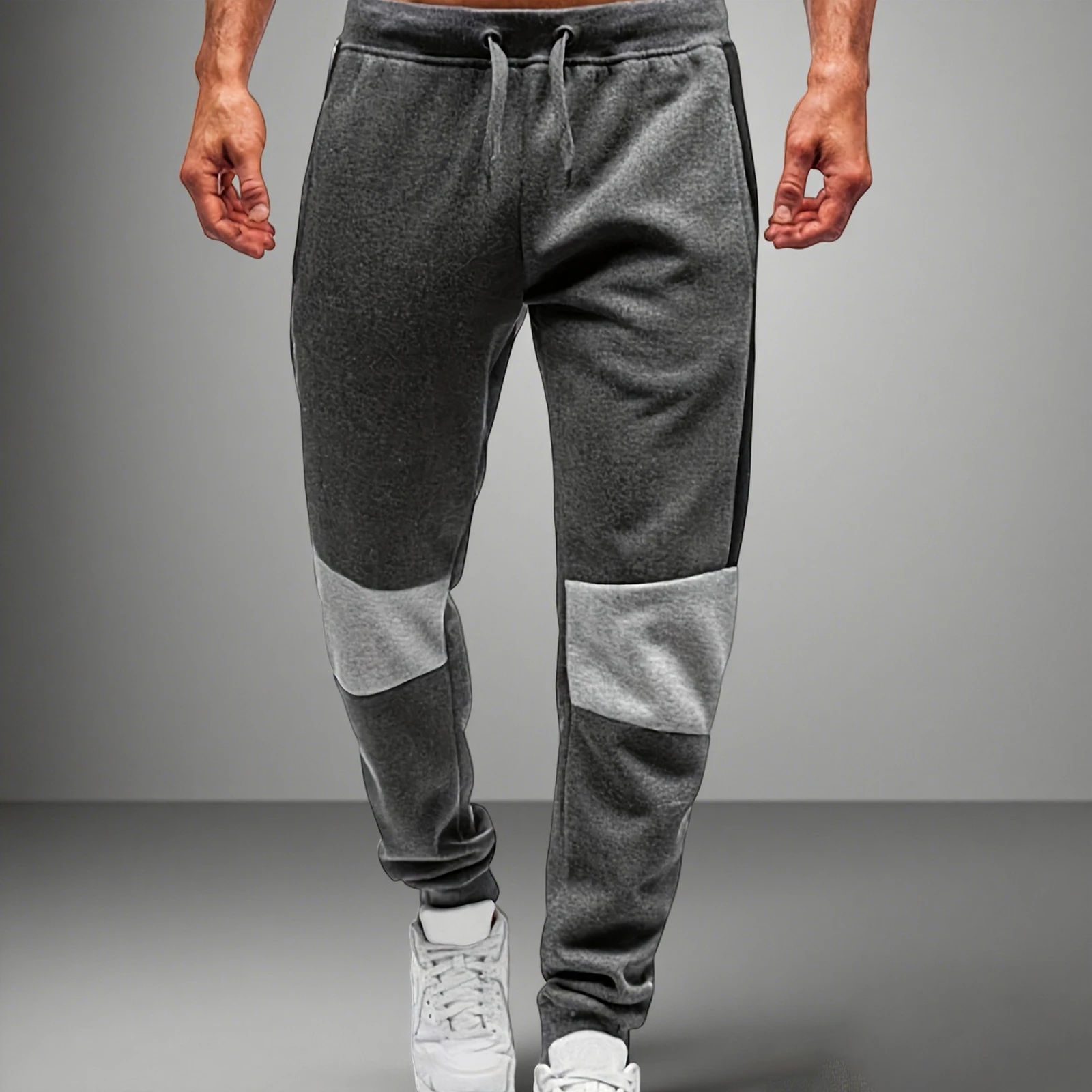 Men's Drawstring Pants with Pockets Stylish Patchwork Mid Rise Leg Trousers Breathable Casual Sweatpants for Spring/Autumn