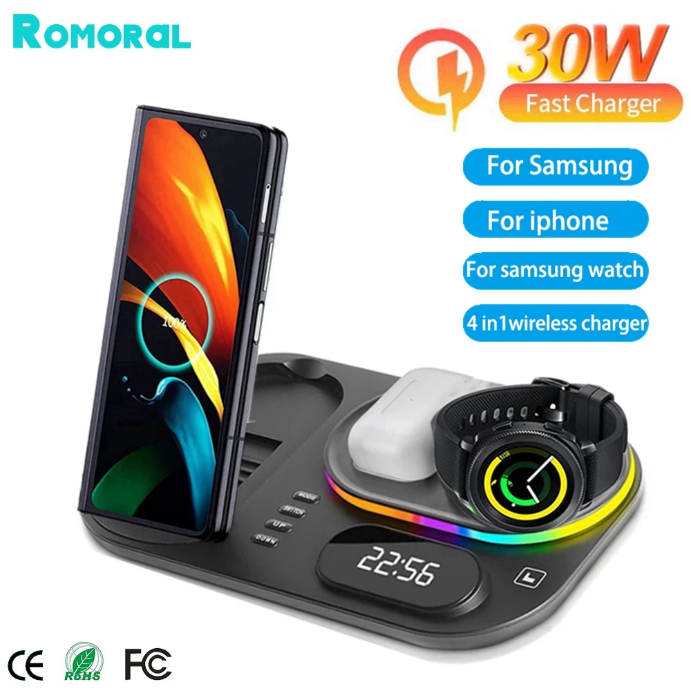 Wireless Charger RGB Time Display Stand For Galaxy Watch 5/4 3 in 1 30W Qi Fast Charging Station Dock For iPhone Samsung S22/S21