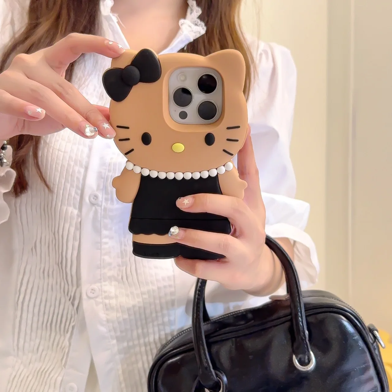 

Чехол для телефона с 3D Hello Kitty Pearl Black Skin для iPhone 17, 16, Pro Max 15, 14, 13, 12, мягкий силиконовый чехол с рисунком Promax