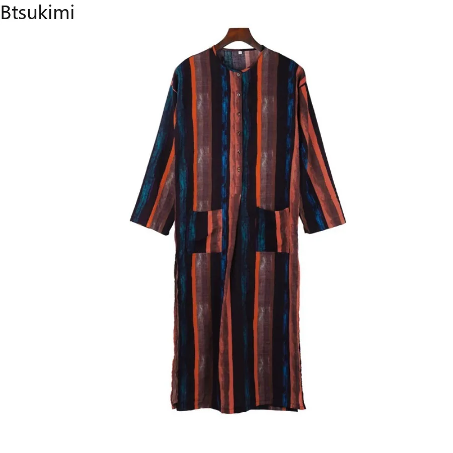 2024 Männer muslimische Kleidung Abayas Baumwolle Linie Nachthemden Bademantel Robe Kaftan Urlaub Strand Robe Mann muslimischen Kaftan arabischen Kleid