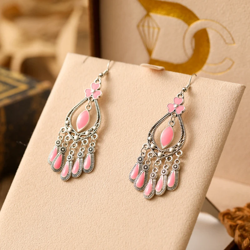 Vintage Ethnic Style Drop Oil Water Drop Earrings for Women Simple Geometric Silver Color Earring Vacation Daily Jewelry