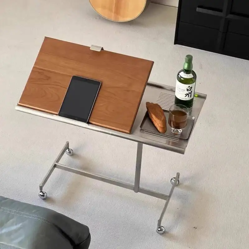 

Solid Wood Wheeled Small Cart Tea Table Music Stand Adjustable Edge Bedside Table Studying Bed Laptop Motion Desk Frame Bedroom