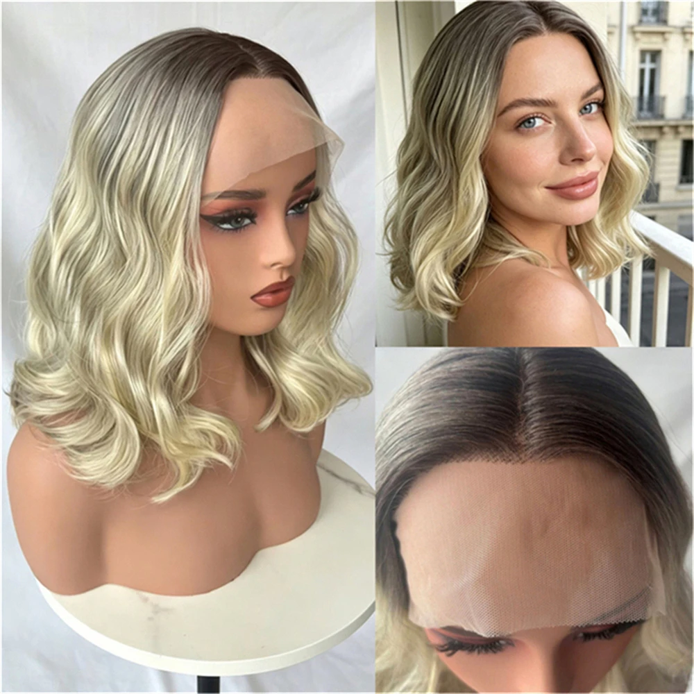 Trendy Wigs Ombre Ash Blonde Synthetic HD Lace Front Wig Party Daily Cosplay Heat Resistant Fiber Wig 14 Inches Short Wave Bob