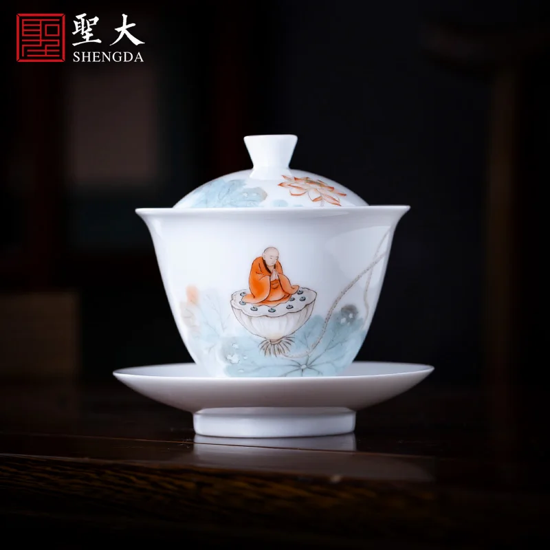 |Shengda ceramic Sancai covered bowl tea cup hand-painted new color figure tea bowl Jingdezhen all manual tea set tea cup