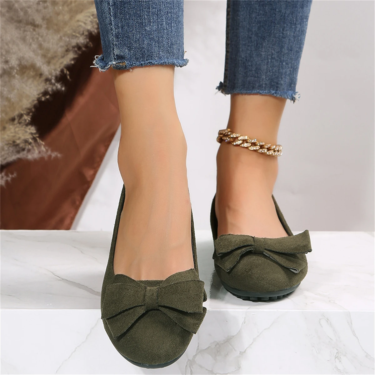 Spring and Autumn Casual Fashion Round Toe Flat Solid Color Comfortable Non-slip Wear-resistant Simple Bow Women's Shoes