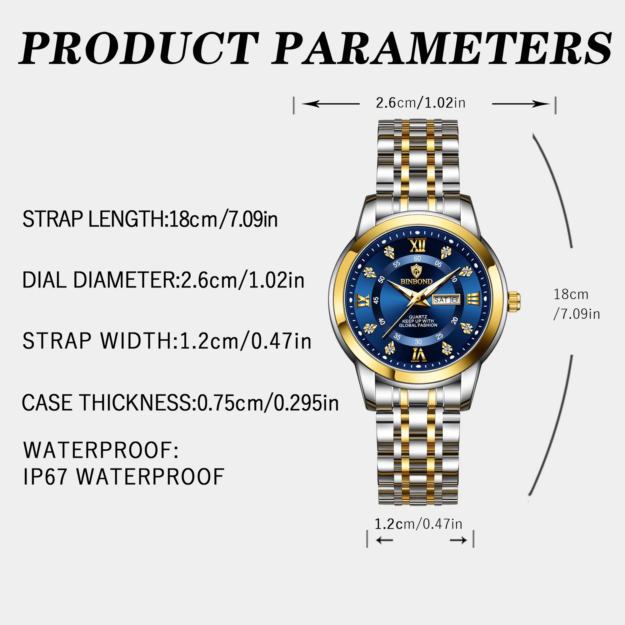 BINBOND B7169 최고급 브랜드 럭셔리 패션 비즈니스 여성용 쿼츠 시계 30M 방수 주간 날짜 표시 스포츠 여성용 손목시계
